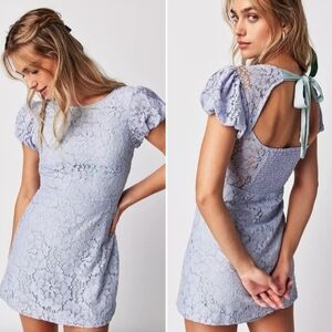 Free People Lavender Lace Mini Dress Puff Sleeve Open Back Bow Tie Romantic L